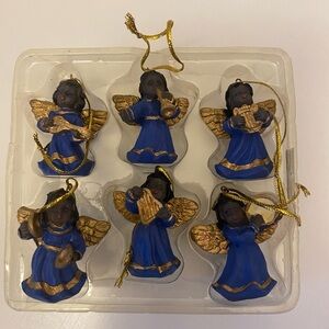 African American Musical Angels Blue Gold Set of 6 Christmas Ornaments in Box